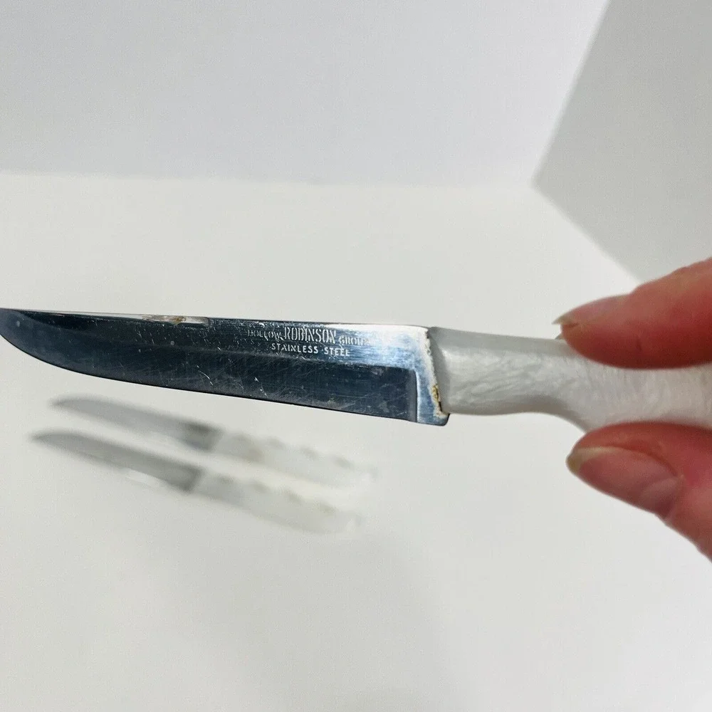 3 Robinson Hollow Ground Knife Set‎ White Pearl Handle Stainless Steel Vtg MCM